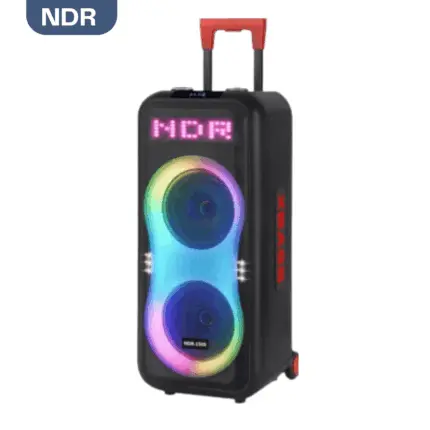 NDR 1508 Karaoke Portable Speaker with dual 8-inch speakers, microphones, and LED lights
