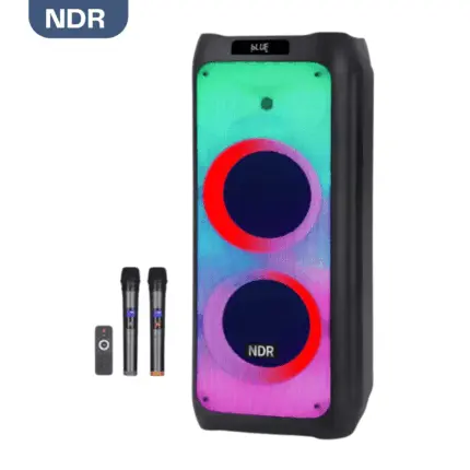 NDR 1610 Double Karaoke Speaker with dual 10-inch speakers, microphones, and LED lights