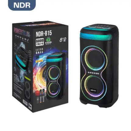 NDR 815 dual 8-inch karaoke portable speaker with wireless microphone, LED lights, and Bluetooth