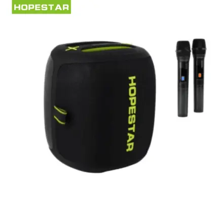 Hopestar Party 500 Portable Bluetooth Speaker with LED party lights, long battery, and karaoke mic inputs