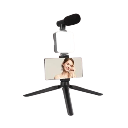 Plokama PK-773 portable vlogging kit with tripod, adjustable light, and shotgun microphone