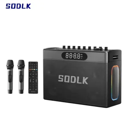 SODLK S1127P Bluetooth Karaoke Speaker with 280W power, dual wireless microphones, and RGB lighting