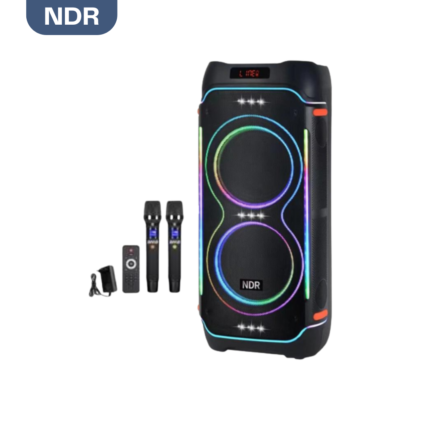 NDR 1808 portable karaoke speaker with dual wireless microphones, RGB lights and Bluetooth.