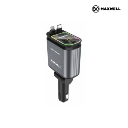 Maxwell Drive Hub Pro Car Charger with retractable iPhone and Type‑C cables, digital display, and galaxy light design