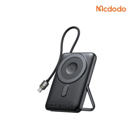 Mcdodo 20W 10000mAh Magnetic Power Bank with digital display, MagSafe wireless charging, built-in USB-C cable, and foldable stand