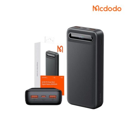 Mcdodo 22.5W PD 20000mAh Power Bank with digital display, USB-C & dual USB-A outputs, fire-retardant shell