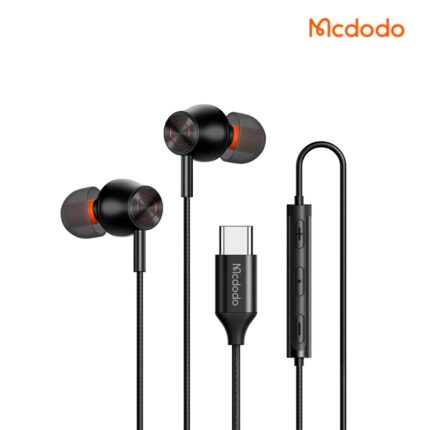 Mcdodo TYPE-C Wired Earphone with aluminum alloy shells, nylon-braided cable, angled USB-C plug, in-line mic & remote