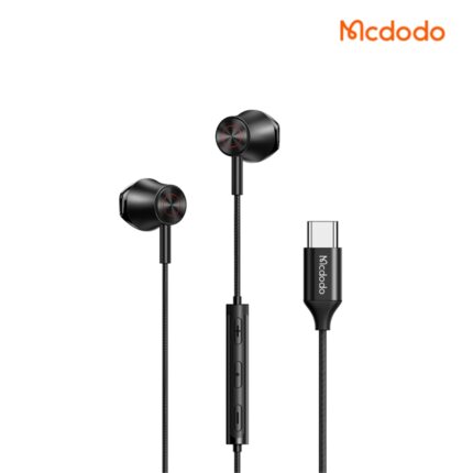 Mcdodo TYPE-C Wired Earphone with flat-ear design, aluminum alloy shells, nylon-braided cable, in-line remote & mic