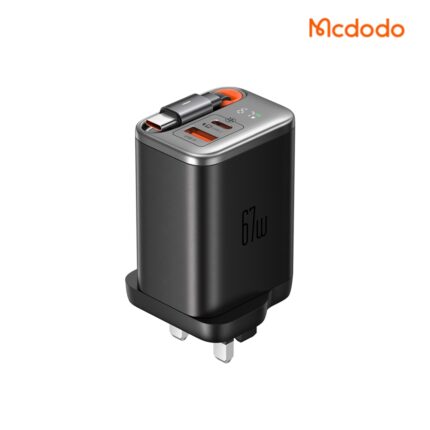 Mcdodo 67W USB-C & A Digital Display GaN Charger with built-in retractable USB-C cable, digital display, UK plug