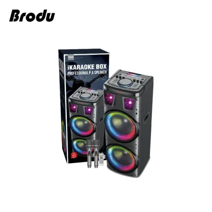 Brodu BTS 1708 Bluetooth Karaoke Speaker with 200W output, dual 10 inch drivers, and Bluetooth 5.3