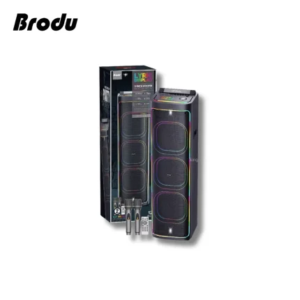 Brodu BTS 2272 Bluetooth Karaoke Speaker with triple 12-inch woofers, 5400mAh battery, and RGB lighting.