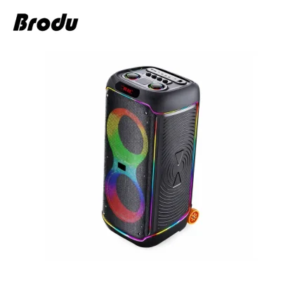 Brodu BTS 2368 Bluetooth Party Speaker with 75W RMS output, dual 8 inch drivers, and wireless microphones