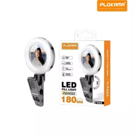 PLOKAMA U20 LED Fill Light with 3 color modes, built-in mirror, 180° rotation for selfies