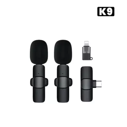 K9 Dual Wireless Clip Microphone with noise reduction, 20m range, and Type-C Lightning receiver