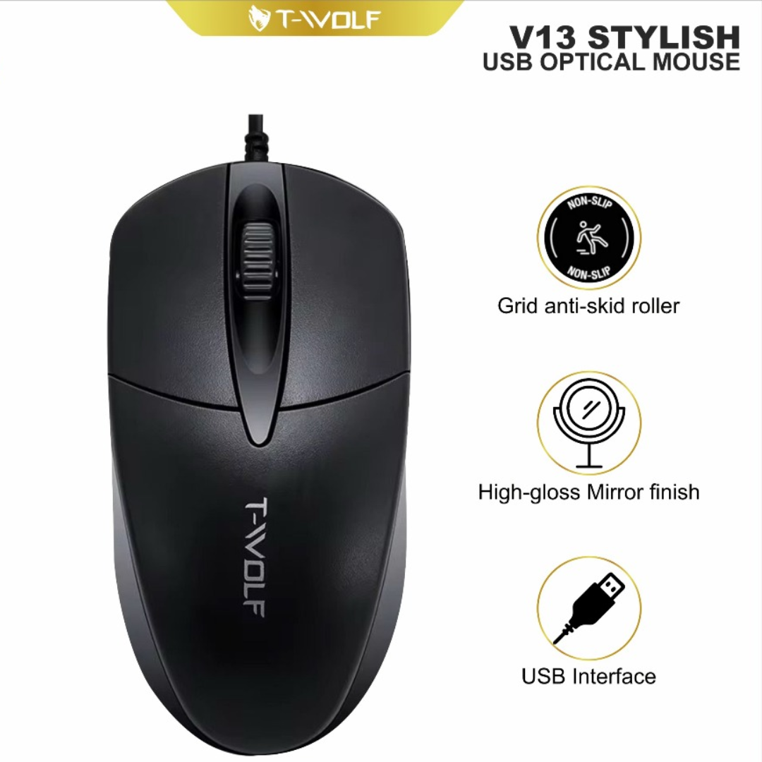 T-WOLF Wired Mouse V13 with 1000 DPI precision tracking and ergonomic USB design