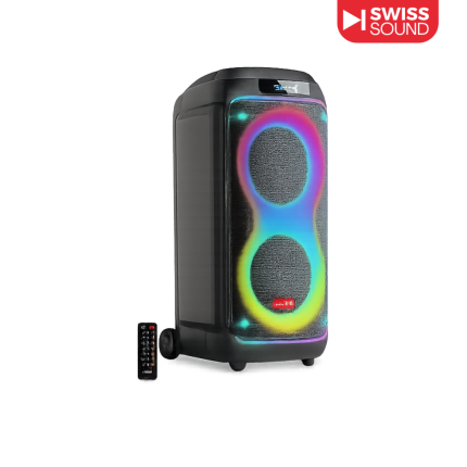 SWISS SOUND SS-P 1023 Party Speaker with 100W RMS power, Bluetooth, dual wireless microphones, and TWS support