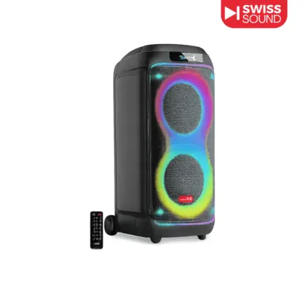 SWISS SOUND SS-P 1023 Party Speaker with 100W RMS power, Bluetooth, dual wireless microphones, and TWS support