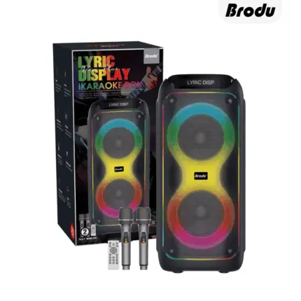 Brodu BTS 2122 Bluetooth Karaoke Speaker with powerful deep bass, dual wireless microphones and RGB lighting