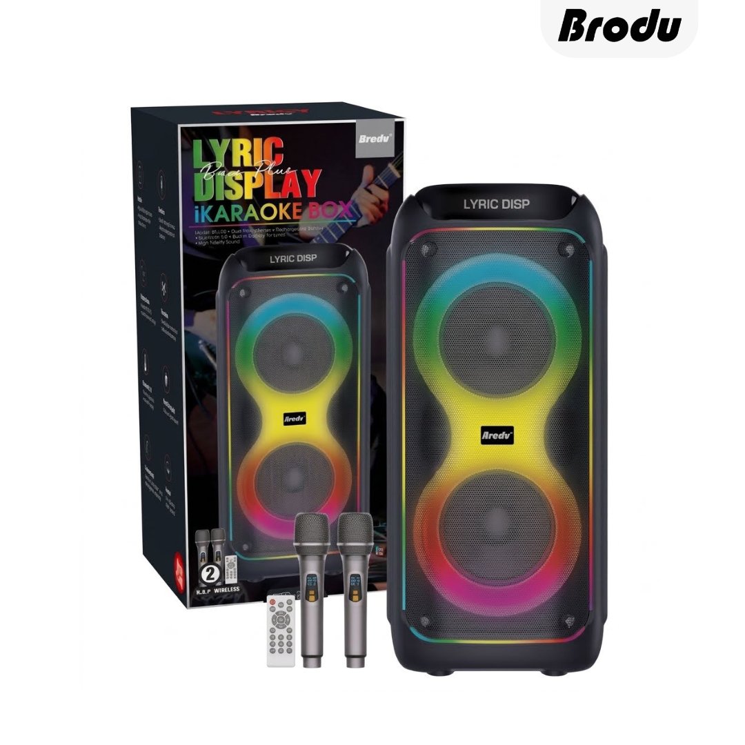 Brodu BTS 2122 Bluetooth Karaoke Speaker with powerful deep bass, dual wireless microphones and RGB lighting