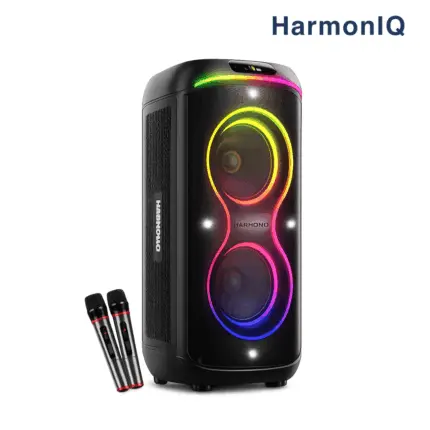 HARMONiQ VibeTower 120 Bluetooth Party Speaker with 80W RMS sound, dual 6.5-inch speakers and wireless microphones
