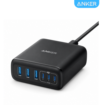 Anker 112W 6-Port GaN Charger A2154K11 Black with 2 USB-C ports and 4 USB-A ports