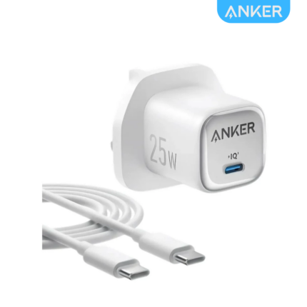 Anker 25W Compact USB-C Charger with fast charging, foldable plug, and Type-C to Type-C cable