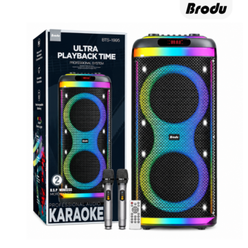 BTS-1995 Dual 10 Inch Professional Karaoke Speaker with RGB lights, Bluetooth and two wireless microphones