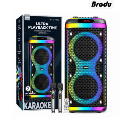BTS-1995 Dual 10 Inch Professional Karaoke Speaker with RGB lights, Bluetooth and two wireless microphones