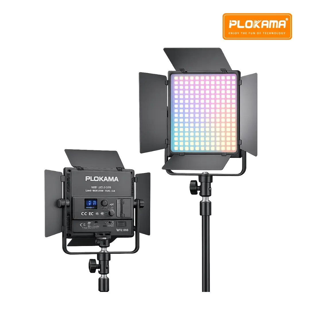 Plokama W12 Pro LED Light with 30W RGB lighting, 320 LED beads, remote control, and 8000mAh battery