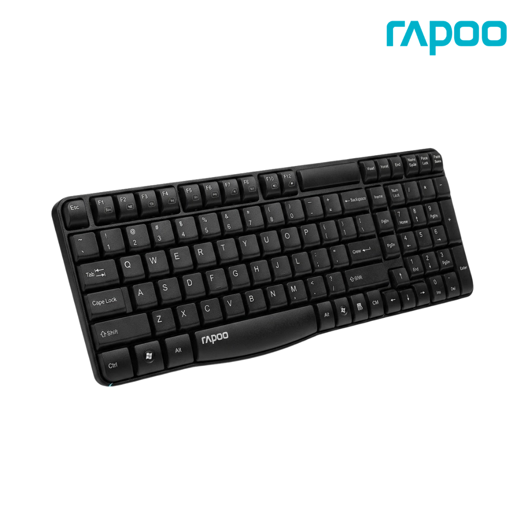 RAPOO E1050 WIRELESS KEYBOARD with 2.4GHz connection, 10-meter range, media controls, and spill-resistant design