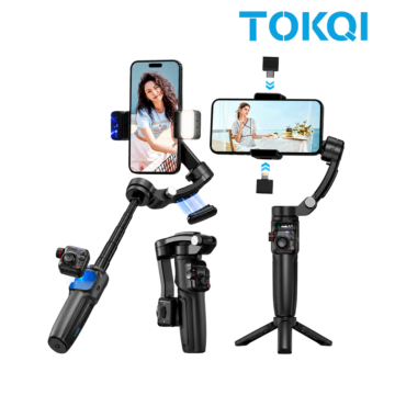 TOKQI M06 Mobile Gimbal with 3-axis stabilization, AI face tracking, telescopic rod and wireless microphone