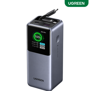 UGREEN 165W 20000mAh Nexode Power Bank PB726 with retractable USB-C cable, 100W laptop charging and TFT display