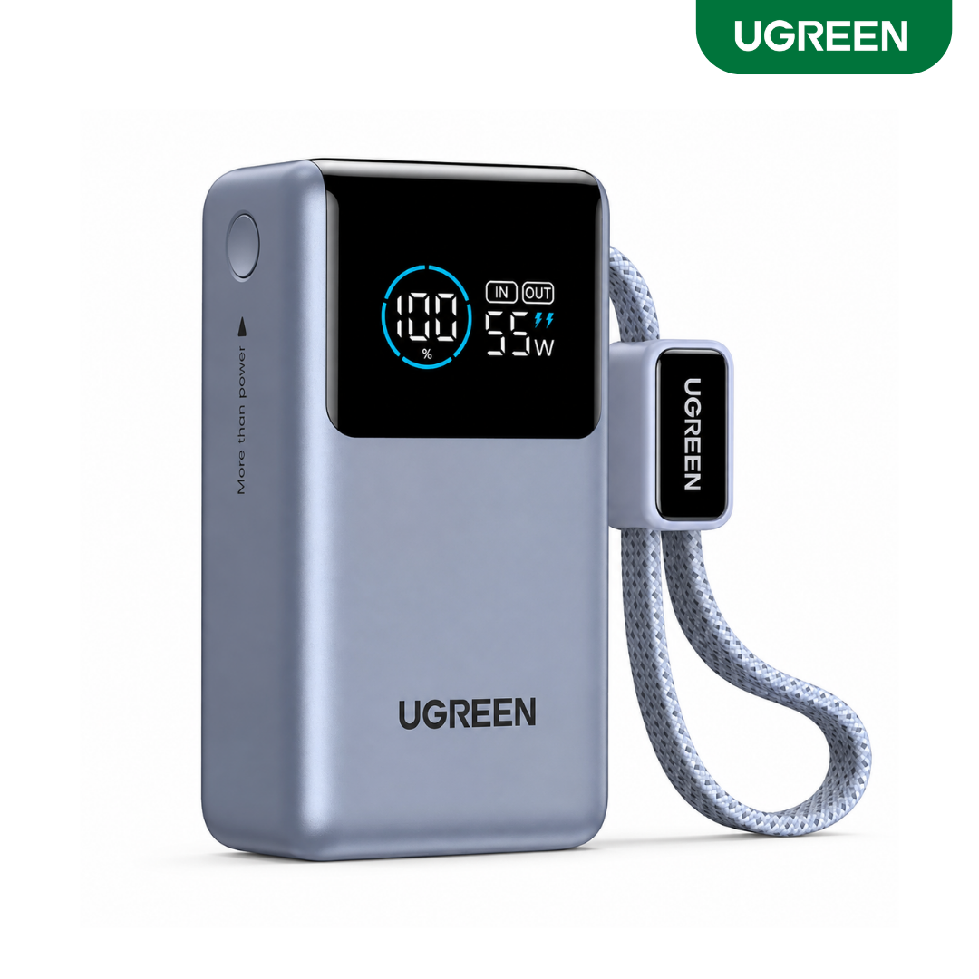UGREEN 55W 10000mAh Nexode Pro Power Bank PB727 with built-in USB-C cable and smart digital display