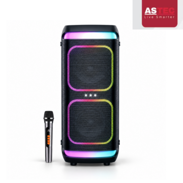 ASTEC AST-8812 Party Box Speaker with 8-inch woofer, RGB lights, and Bluetooth connectivity