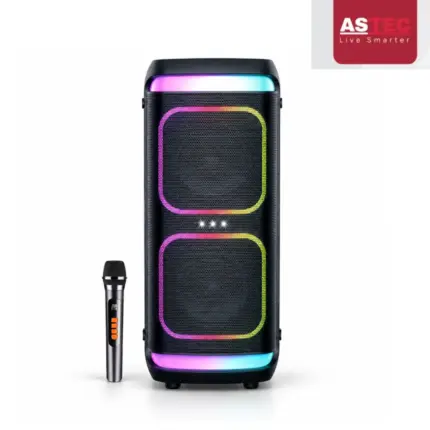 ASTEC AST-8812 Party Box Speaker with 8-inch woofer, RGB lights, and Bluetooth connectivity