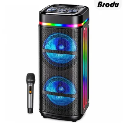 Brodu BTS-2459 Karaoke Speaker with Dual 12-Inch Woofers, RGB Lights, Bluetooth and Wireless Microphone