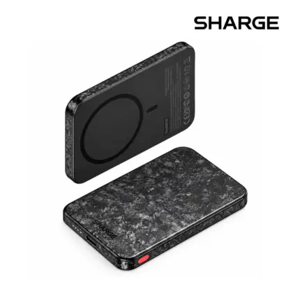 Sharge Carbon Mag 5000mAh Power Bank with carbon fiber design, 15W wireless charging, and 20W wired charging
