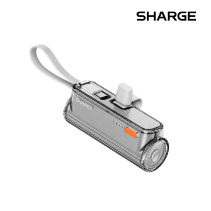 SHARGE Flow Mini 2 22.5W 5K Power Bank with fast charging, swappable USB-C and Lightning connectors, and built-in USB-C cable