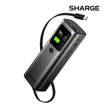 Sharge Retractable 165W 20000mAh Power Bank with 165W fast charging, built-in 70cm cable, and smart display