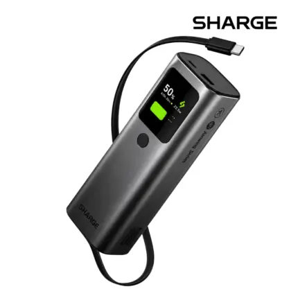 Sharge Retractable 165W 20000mAh Power Bank with 165W fast charging, built-in 70cm cable, and smart display