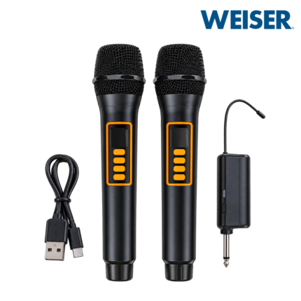 WEISRE DM-204 Portable Universal Wireless 2 Microphone with dual handheld mics, 6.35mm receiver, and Type-C charging