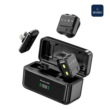 WiWU Wi-WM005 Duo Wireless Microphone with dual mic recording, Apple and Type-C receivers, and noise reduction